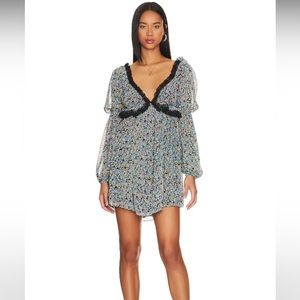 NWOT Free People Pennie Mini Dress in Black Floral (Size Large)